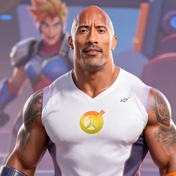 Dwayne Johnson as a character in the game Overwatch, with a background based on the game Overwatch, detailed face, action shot