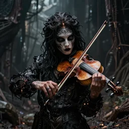 a portrait of a mysterious being playing fiddle by beksinski, enclosed dark damp liminal post apocalyptic space, unreal engine, intricate details, ultra realism atmosph