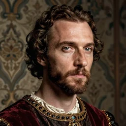 close - up portrait of man in renaissance clothing, background with wallpaper, photograph by tim walker