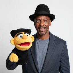 portrait photo still of real life mr garrison with mr hat puppet, 8 k, 8 5 mm, f. 1 4