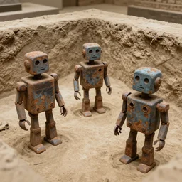 rusty robots found in a sumerian civilization excavation, archeology, mud and dirt