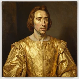 a renaissance painting of nicolas cage made of gold by Zygmunt Waliszewski