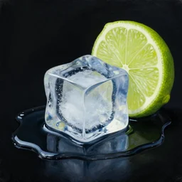 realistic painting of an ice cube beginning to melt next to a lime wedge, black background