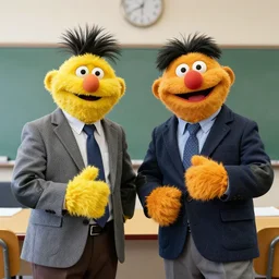bert & ernie as community college professors wearing leather elbow patch blazers