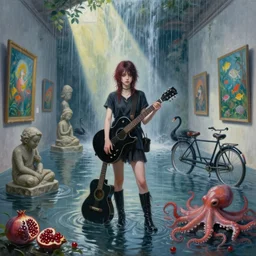 painting of an emo girl in a flooded art gallery, holding a black guitar, pomegranates, octopus, long black boots, flooded, stone sculptures, art on the walls, tropical fish, zen, shaft on sunlight, rain, waterfall, black swans, tandem bicycle, berries, surrealist, by magritte and monet