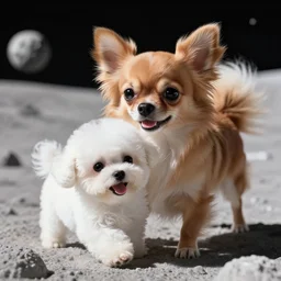 a photorealistic closeup image of a cute brown colored long haired chihuahua cocker spaniel dog playing with a happy white bichon frise puppy on the lunar surface. brightly lit. extreme detail. unreal engine