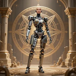 a photo of a robotic woman covered in modular synthesizer parts surrounded by sacred geometry made from elven architecture, full body, perfect face, powerful, cinematic, beautifully lit, by peter gric, by karol bak, 3 d, octane render, 8 k
