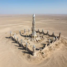 ruined city of crystal spires on a parched and dusty plain viewed from the air