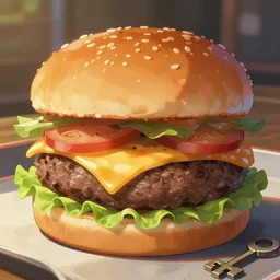 a delicious cheeseburger, key visual, a fantasy digital painting by makoto shinkai and james gurney, trending on artstation, highly detailed