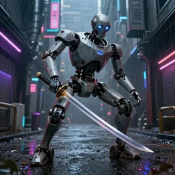an old robot with wheel legs gripping a beautifully crafted and detailed katana sword with a badass pose. Rainy Grungy neon cyberpunk alleyways in the background Badass pose , Photo realistic , Gregory Crewdson , Award winning. Masterpiece, exquisite detail, post processing