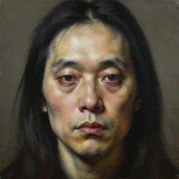 ascii, hyperrealism oil painting, close - up portrait of a scary ai weiwei in style of baroque zdzislaw beksinski