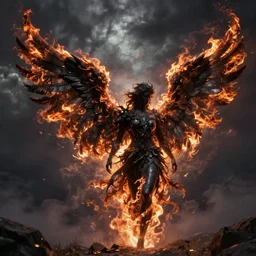 angel with black burning wings, fire, apocalyptic