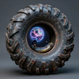 airbrushed tire snake planet excavator by vincent di fate & alex ross, horrific neon, fine art masterpiece baked at 3 0 0 f, matte painting, cold lighting, aged with patina, rusted, award winning drawing from architecture digest, photorealistic render, cinematic