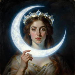 Artemixel, the modern reincarnation of the old selenium god of hunt, also known as Artemis the Selene, carrying the celebrated Crown of the Crescent Moon, wich its usual bright and slightly bluish crescent like the brightness of the night. Portrait by Francisco de Goya, oil on canvas
