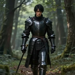 a knight dressed in black armor,walking in a forest,dramatic,detailed face,digital art,art by greg rutkowski,Akihiko Yoshida,artstation,deviantart,photorealistic,highly detailed,calm,natural lighting,hyperdetailed