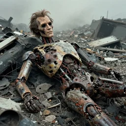 grainy recovered photo of animatronic Willem Dafoe by Stan Winston studios trashed destroyed lying in a landfill post apocalyptic gloom exposed inner machinery detailed