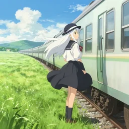 beautiful hyper detailed scene render of a girl with long white hair and a round hat wearing a black and white school uniform with a red ribbon standing on the edge of a moving train in the middle of grass fields on a windy and sunny day, in the style of makoto shinkai victo ngai and peter mohrbacher studio ghibli artgerm, anime, artstation