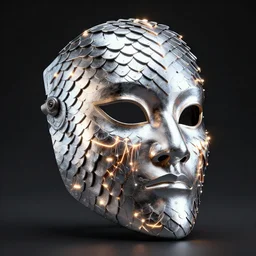 realistic photograph of a futuristic shaman mask made of chrome scales and glowing fiber optic wires, zeiss lens, artstation, octane render