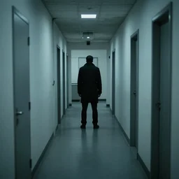 a dark figure at the end of a creepy empty office hallway. movie still