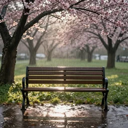 beautiful 8 k stylized front - shot picture of an empty bench in the pouring rain, spring, detailed, 4 k resolution, dynamic lighting