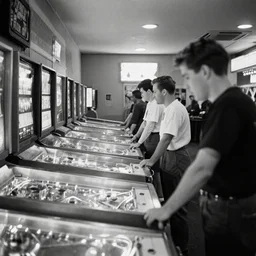 pinball parlor in the 1 8 0 0 s, a few people play the machines, archival photo, monochrome