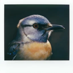 a extreme close - up photo, color studio photographic portrait of a bird, dramatic backlighting, 1 9 7 3 polaroid photo from life magazine,
