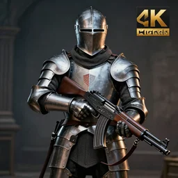 knight in plate armor holding a machine gun, cinematic dramatic high quality 4 k poster