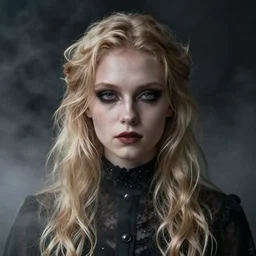 modeling photograph kerli koiv as blind mag from genetic opera, blonde, beautiful, dark, mysterious, bubble goth, detailed symmetrical face, half body shot, fog dramatic, teen
