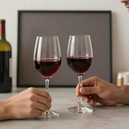 A couple glasses on the table, filled with red wine. Light diffusion demo in Unreal Engine 6. 4K HD Wallpaper. Premium Prints Available