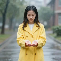 girl in a yellow coat standing in the rain holding a small pocket watch, thick outlines, bright colors, digital art, hard edges, detailed, anime style, dynamic pose, character design, fisheye perspective, high angle, art by sora kim, rinotuna, ilya kuvshinov