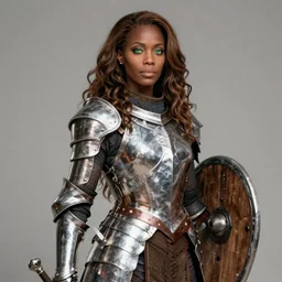 arabella mistsplitter, solo female darkskinned angelic soldier in her fifties, long brown hair, clear green eyes, african, ethiopian, short height, regular build, magnificent oval face, polished steel armor, shortsword, wooden shield a female dnd fighter's portrait, masterpiece, clear gauntleted hand, fantastic, realistic, by brian patterson and rhads