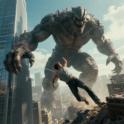 vfx shot of a man being dragged through a skyscraper by a giant titan creature, 3 d unreal engine octane render graphics, 4 k wallpaper, film stock, imax