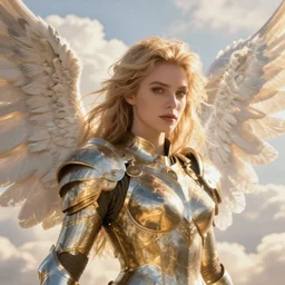 A beautiful fierce blonde-haired angel wearing metallic battle armor, posing heroically, heavenly sunlit clouds background, close-up shot, elegant, digital painting, golden hour, cinematic, epic, trending on artstation, concept art, smooth, sharp focus, illustration, art by artgerm and Greg Rutkowski and Alphonse Mucha