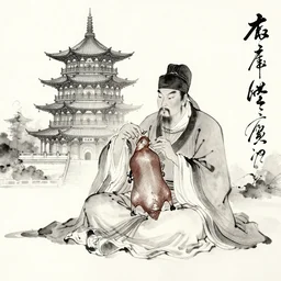 an ancient chinese sketch of a tang dynasty man sitting in a pagoda eating peiking duck, chinese calligraphy, black and white, watercolor,