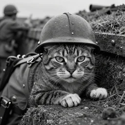 A soldier cat in a world war 1 trench, close-up, black and white, amazing digital art, hyper detailed, artstation, in the style of Tony Sart