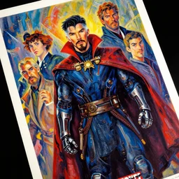 marvel mcu dr strange, wearing futuristic cybernetic battle armor, by ashley wood, yoji shinkawa, jamie hewlett, 6 0's french movie poster, french impressionism, vivid colors, palette knife and brush strokes, dutch angle