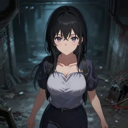 upper - body illustration of highly detailed beautiful anime girl by davinci walking through aa basement of horrors, depth of field, pretty and stunning face and eyes, 8 k, pixiv, danbooru, gelbooru