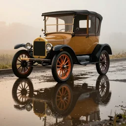 parked Ford Model T, puddle reflections, fog, rain, volumetric lighting, beautiful, golden hour, puddle reflections, sharp focus, ultra detailed, cgsociety