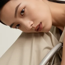 close up of face of female fashion model in minimalistic dress, on chair, beige colors, official jil sander editorial