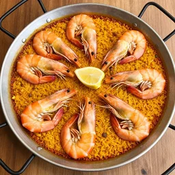 a paella with six shrimps, each shrimp has a human face, there are two female faces and four male faces