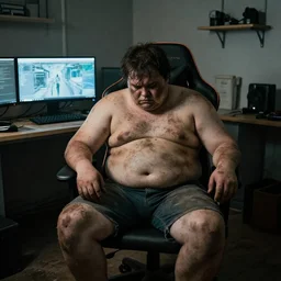 dirty room, depression scene, very fat man in a gamer chair.