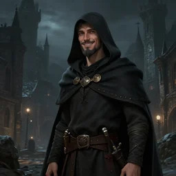 4 0 years old man, skinny, slim, friendly, smiling : : goatee beard : : hooded cloak : : medieval city, night, dark, grim, high detail, digital art, rpg, illustration