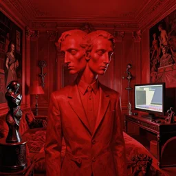 only with red, a red man with two heads, luxury room with monitor, in the style of beksinski, parts by edward hopper, parts by rodcenko, parts by yue minjun, intricate composition by bosch, red by caravaggio, insanely quality, highly detailed, masterpiece, red light, artstation, 4 k