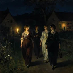 darkness, beautiful young ladies walking to the village by candlelight in the night art by anders zorn, wonderful masterpiece by greg rutkowski, beautiful cinematic light, american romanticism thomas lawrence, greg rutkowski
