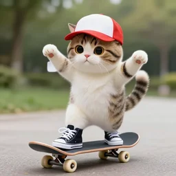 cute and funny, a cat standing on its back legs, wearing high top sneakers and a baseball cap, riding a skateboard, by bruce mckinnon, trending at artstation, award winning