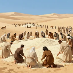 detailed digital painting of a crowd of jews in the desert harvesting white manna, yellow orange and blue color scheme, by karol bak craig mullins and ross trann