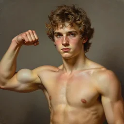 hyperrealistic painted portrait of rugged young teen twink zeus greek god showing biceps, handsome handsome detailed digital painting trending artstation concept art sharp focus illustration art by alphonse mucha greg rutkowski