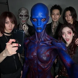 a dark crimson cobalt blue humanoid, hyper detailed, in the style of wlop and junji ito and and h. r. giger and junji ito and greg rutkowski and wlop, selfie