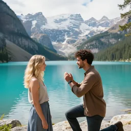 a dark - haired man proposes to his blond wife next to a beautiful turquoise lake, mountain in the background, trending on artstation