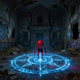 inside a haunted destroyed house, a sigil scribbled on the ground and the sigil shining blue, the red goblin is sucked into the sigil and vanished, trending on artstation, wide view, cinematic view, cinematic, 8 k, digital photo, unreal engine, colored paint, colorful paint, scary style